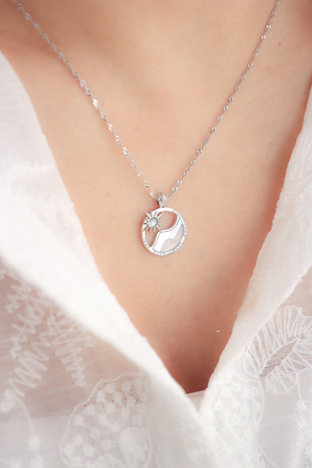 SUN WAVE SILVER NECKLACES - WHITE SHELL, BLUE LACE AGATE