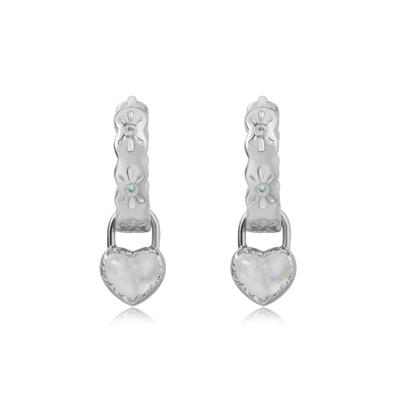THE SCALLOP HOOPS WITH MINI LOVE LOCK SILVER EARRINGS - MOONSTONE