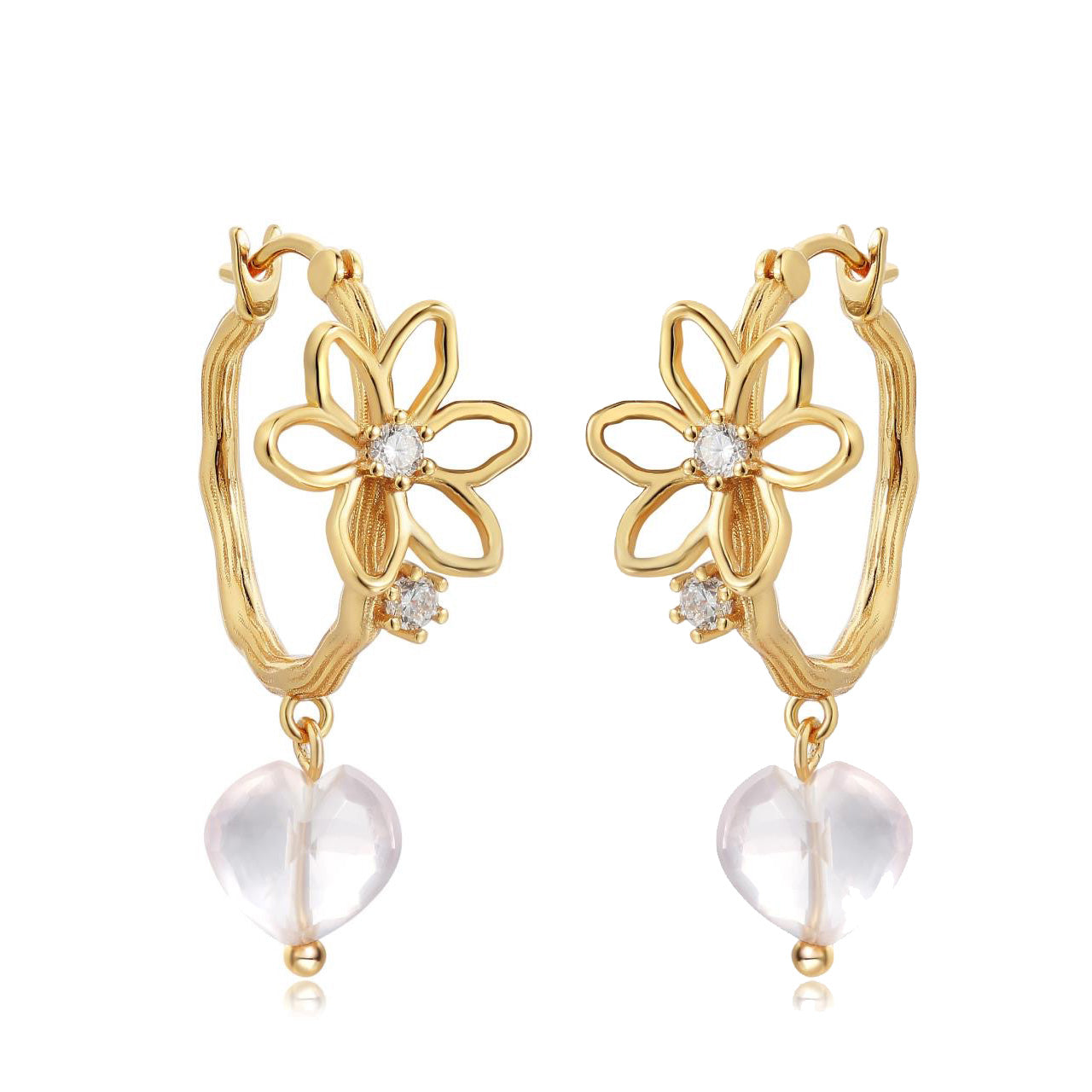 FLOWER BLOOSOM EAR HOOPS EARRINGS - ROSE QUARTZ